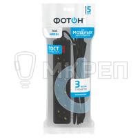 Удлинитель Фотон, 5 входов, 3м, черный, с заземлением с выключателем