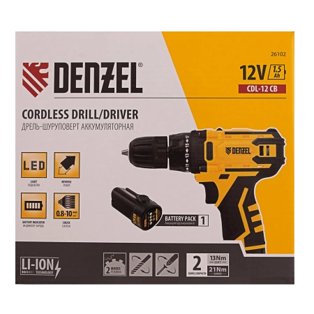 Дрель-шуруповерт аккумуляторный, CDL-12CB, 12 В, Denzel
