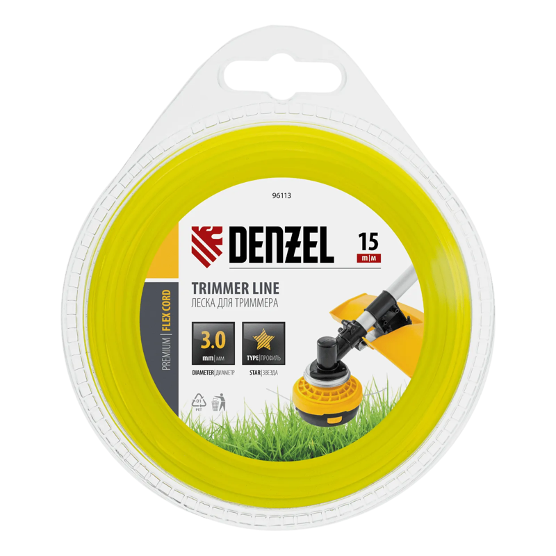 Леска для триммера, звезда, 3 мм х 15 м, блистер, FLEX CORD, Denzel